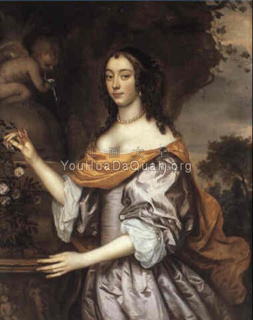 Portrait of a Lady standing three quarter length wearing a lavender silk dress - 约翰内斯·梅滕斯